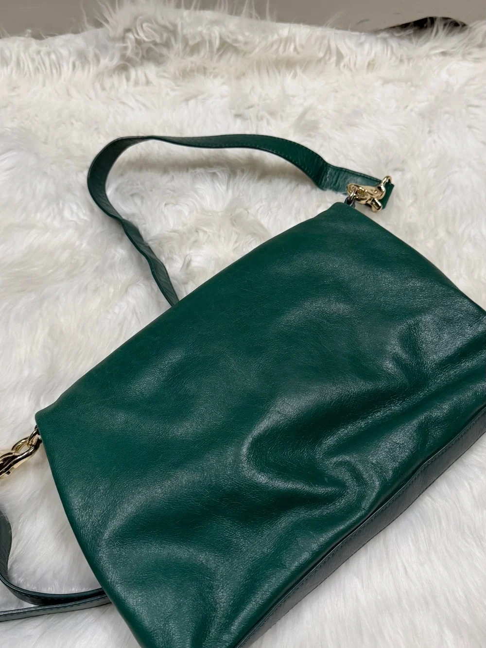 Tory Burch Emerald Green Leather Fold-Over Crossbody with Logo